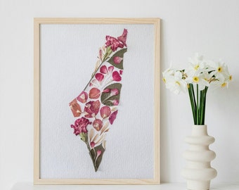 PHYSICAL PRINT of Map of Palestine. (Copy of original work). Pressed Flower Art. A4. Pink Carnation Map of Palestine.