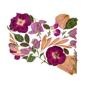 May include: A collection of pressed dried flowers and leaves arranged in the shape of the state of Oregon. The composition includes deep magenta roses, light pink petals, orange-toned leaves, and green foliage against a white background.
