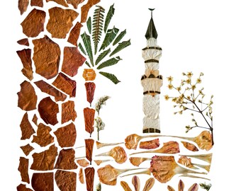 DIGITALER DOWNLOAD. Blumenbogen und Minarett in Pressed Flower Art.