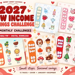May include: A 2027 low income savings challenge printable PDF digital download featuring 13 pages with monthly themes. Each page displays seasonal icons with currency amounts, including January, February, June, September, and December designs.