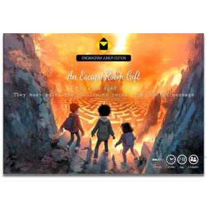 May include: A game box titled "Enigram Junior Edition" with the words "An Escape Room Gift" and "For kids aged 7-12." The image shows three children walking towards a maze. The box also indicates a difficulty level, age range, and number of players.