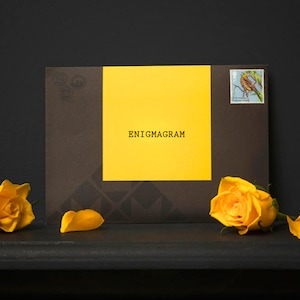 May include: A brown envelope with a yellow square on the front. The yellow square has the word "ENIGMAGRAM" printed in black. The envelope is sitting on a black surface with two yellow roses and a yellow rose petal.