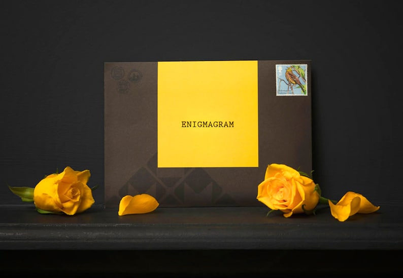 May include: A brown envelope with a yellow square on the front. The yellow square has the word "ENIGMAGRAM" printed in black. The envelope is sitting on a black surface with two yellow roses and a yellow rose petal.