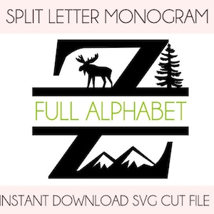 Rustic Split Letter Monogram Cut File SVG Full Alphabet Cabin Mountains Camping Sign Digital Laser Cut Cricut Engraving Scroll Saw Laser