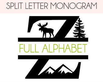 Rustique Split Letter Monogram Cut File SVG Full Alphabet Cabin Mountains Camping Sign Digital Laser Cut Cricut Gravure Scroll Saw Laser