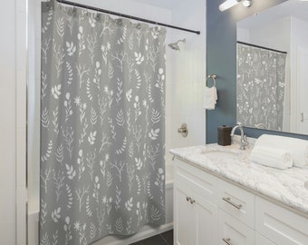 Modern Farmhouse Luxury Floral Print Shower Curtain, Washable Contemporary Shower Curtain, Grey and White Botanical Shower Curtain.