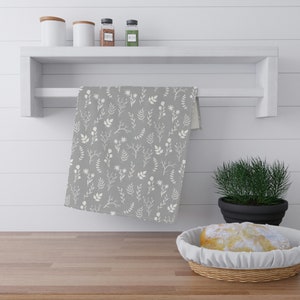 White and Grey Modern Floral Dish Towel | Stylish Grey Floral Tea Towel