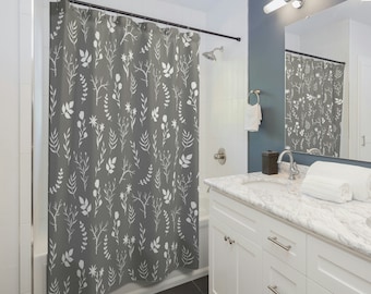 Modern Farmhouse Grey Floral Shower Curtain. Washable Polyester Shower Curtain. Claw Foot Tub Curtain