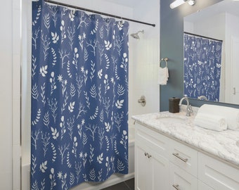 Blue Boho Floral Shower Curtain Modern Farmhouse Blue Floral Washable Shower Curtain