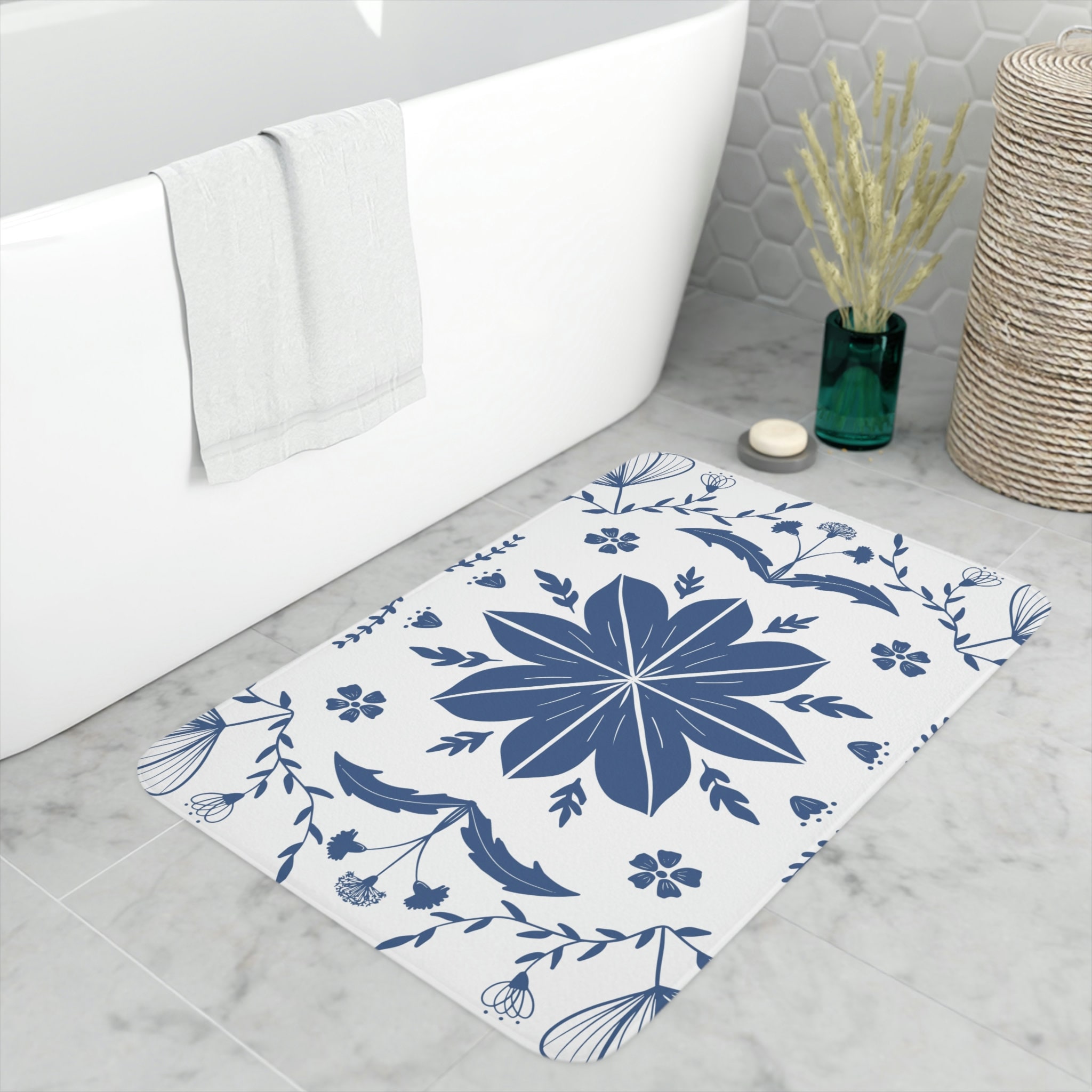 Navy White Mudcloth Print Bath Mat Blue Bathroom Rug Memory Foam