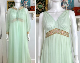 True Vintage 60s Small Medium Miss Elaine seafoam green chiffon and jacquard nightgown and robe peignoir set