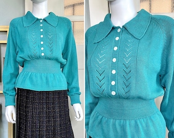 Vintage 80s Small Medium Esprit Collection turquoise blue peplum sweater