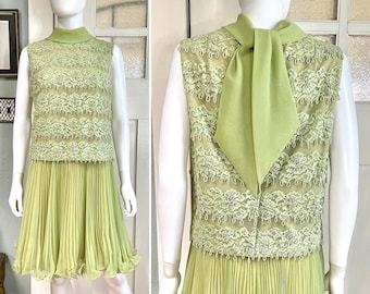 True Vintage 60s Medium Jack Bryan sage green beaded and pleated chiffon Dress