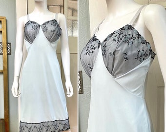 True Vintage 60s Small Charmode pale blue and black lace dress slip nightgown