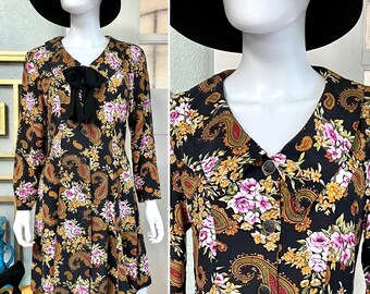 True Vintage 90s Small rayon black floral paisley long sleeve dress