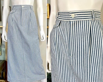 Vintage 80s Medium Brooks Brothers blue and white striped cotton midi Skirt