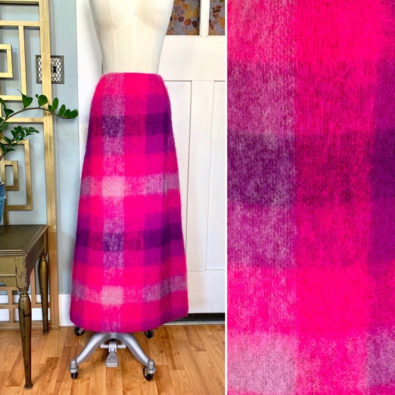 Vintage 60s Day Glo Pink Mohair Maxi Skirt, M