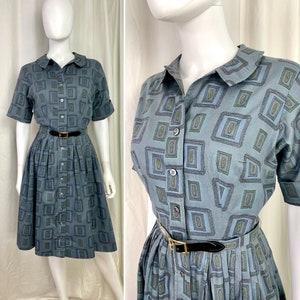 Vintage 60s Small Medium cotton blue and gray picture frame print shirtwaist Dress