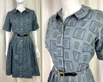 True Vintage 60s Small Medium cotton blue and gray picture frame print shirtwaist Dress