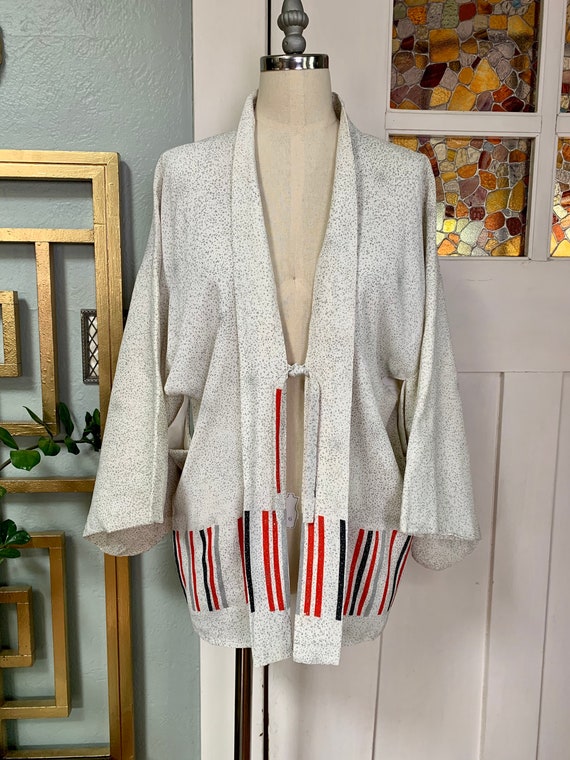 Vintage 50s Haori White with MCM Border Print, OSF