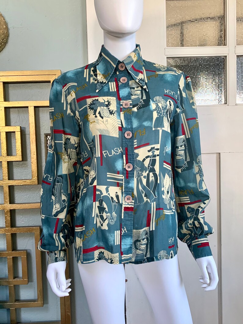 Vintage 70s Large Anette Flash novelty print Blouse image 2