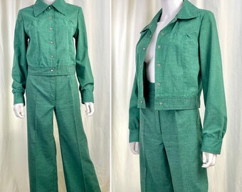 True Vintage 70s Medium green jacket high waist wide leg Pant Set