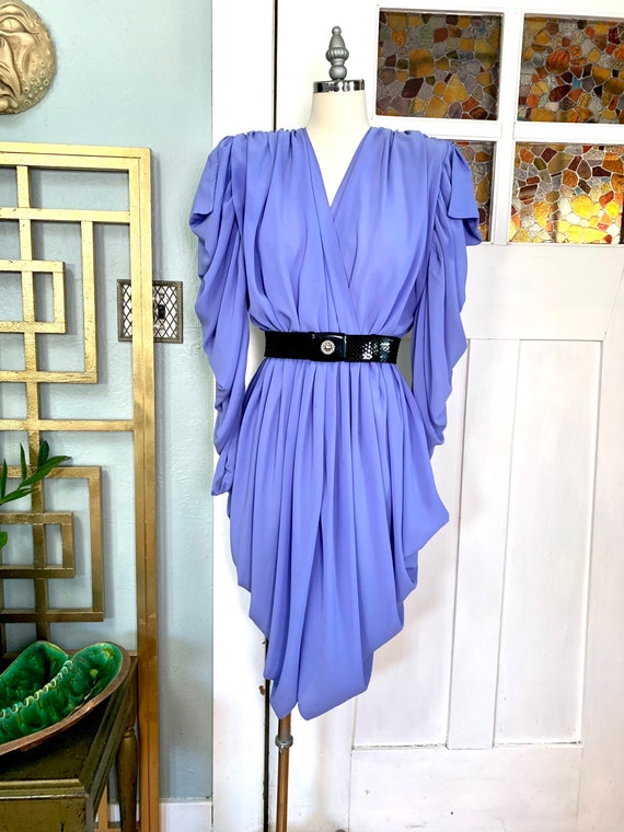 Vintage 80s Ruched and Draped Lavender Chiffon Dre