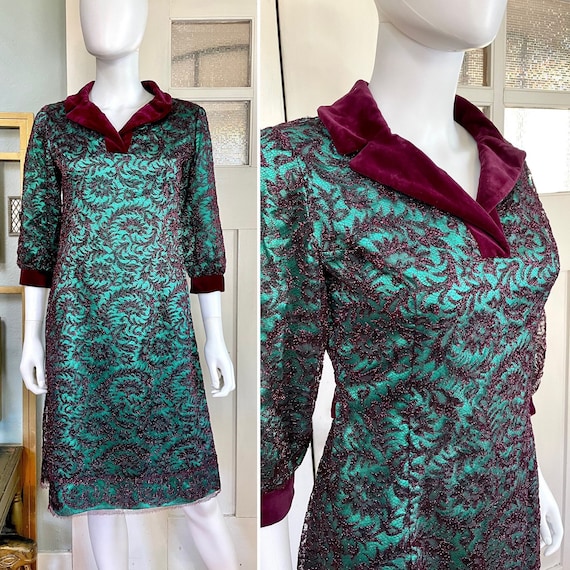 True Vintage 60s Small turquoise satin with burgu… - image 1