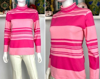 True Vintage 60s Small Medium Aileen pink striped knit turtleneck  pullover Top