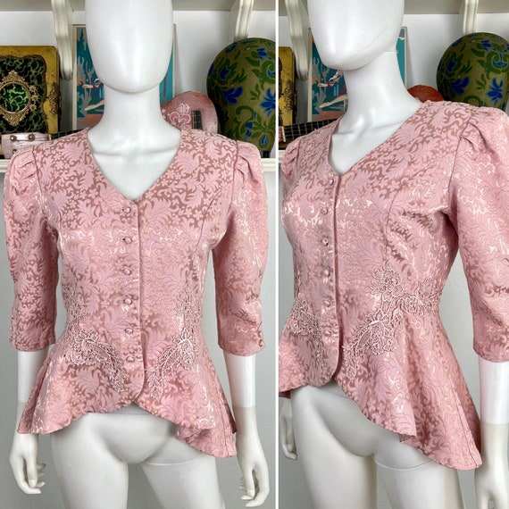 True Vintage 80s Small Medium rosy pink damask an… - image 1