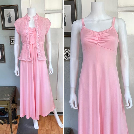 Vintage 70s Small Pink Jersey Maxi Dress With Knit Jacket Set - Etsy