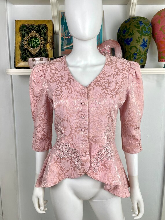 True Vintage 80s Small Medium rosy pink damask an… - image 3