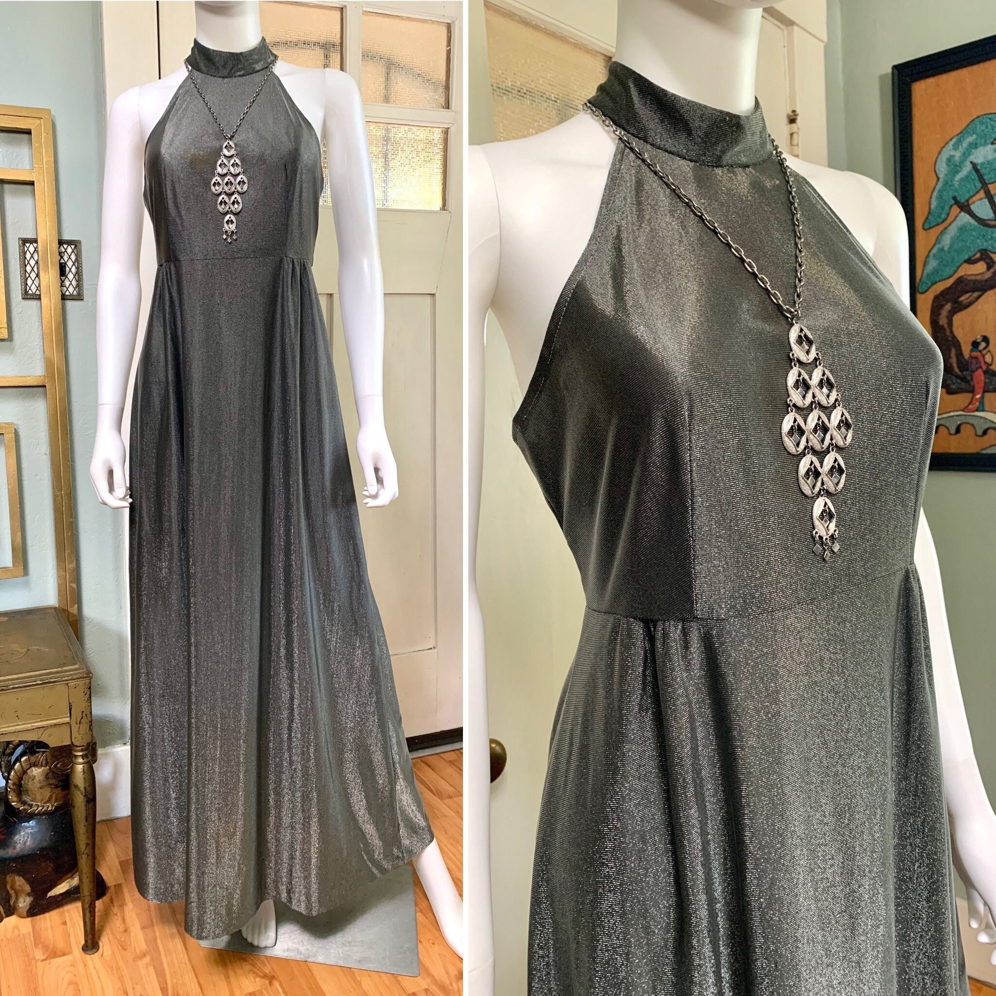 Vintage Aprons, Retro Aprons, Old Fashioned Aprons & Patterns Vintage 60S Small Dark Gray  Silver Sleeveless Maxi Dress $82.00 AT vintagedancer.com