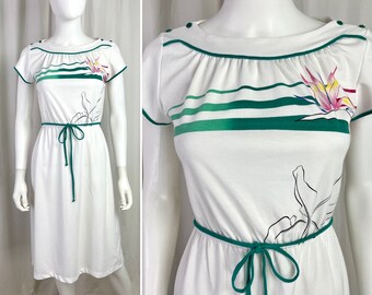 True Vintage 80s small Timely Trends bird of paradise print knit belted Dress