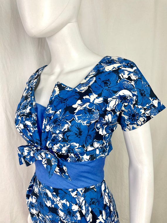 True Vintage 50s XSmall blue floral cotton wiggle… - image 7