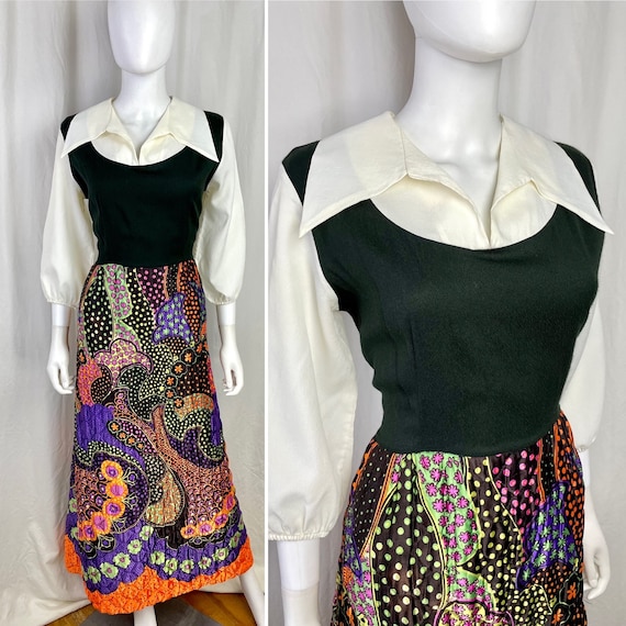 Vintage 60s Medium Penneys Loungewear Black Top With Psychedelic Print Quilted Skirt Loungewear hostess Dress Etsy