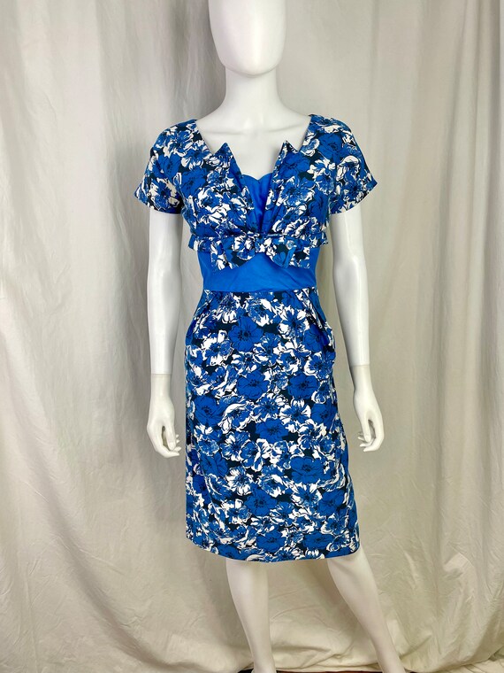 True Vintage 50s XSmall blue floral cotton wiggle… - image 3