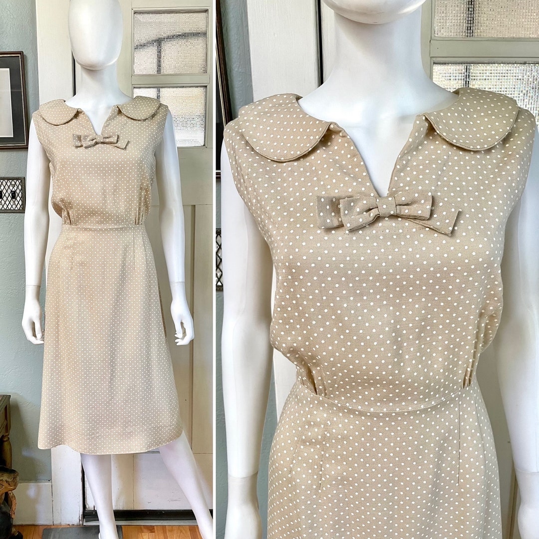 Vintage 50s Small Medium Tan Polka Dot Linen Sleeveless Dress