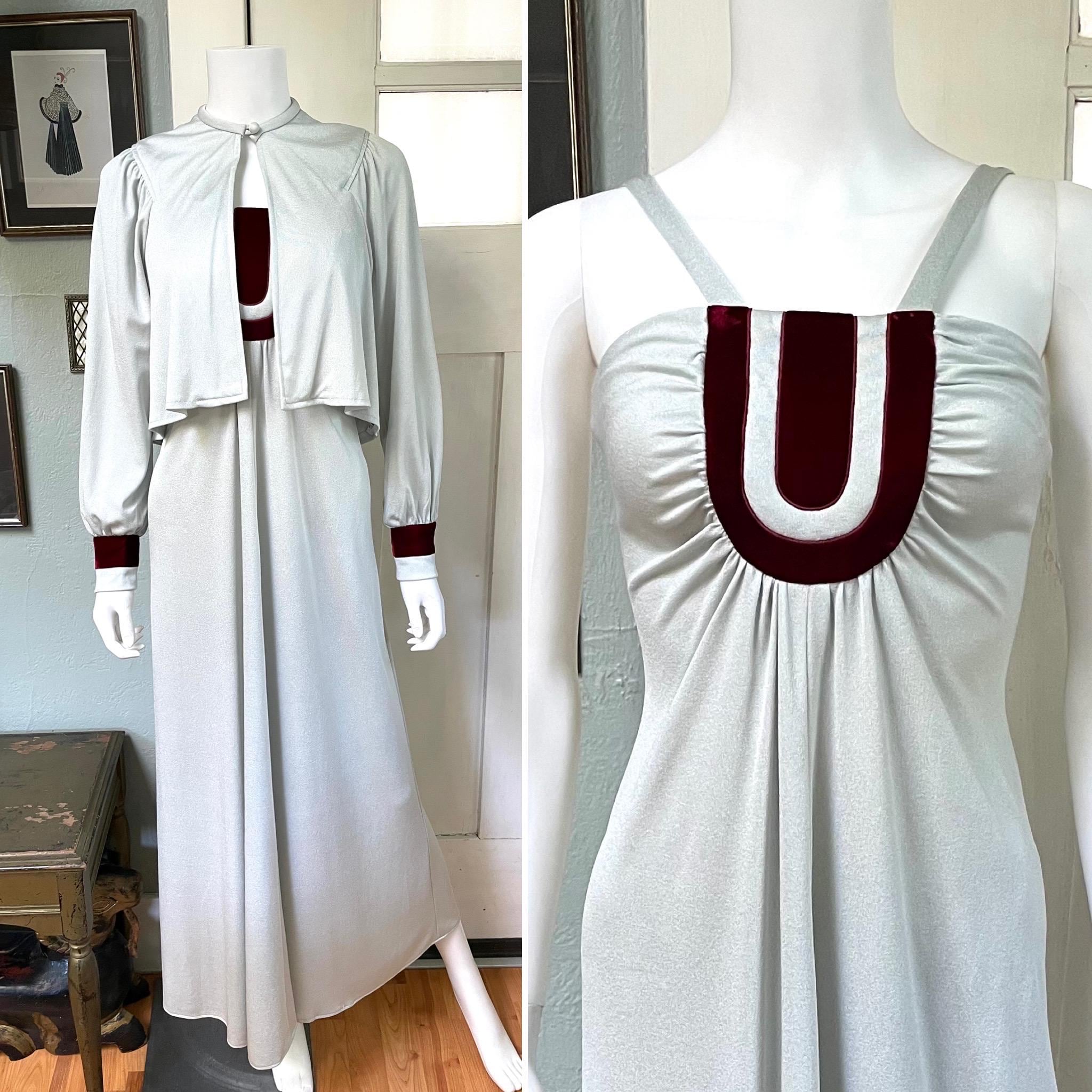 Vintage 70s XXSmall XSmall pale silver gray jersey maxi dress with jacket set