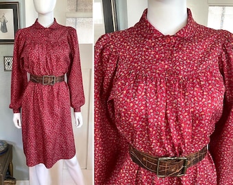 Vintage 70s Small cranberry red prairie floral ditsy print cottage core Dress