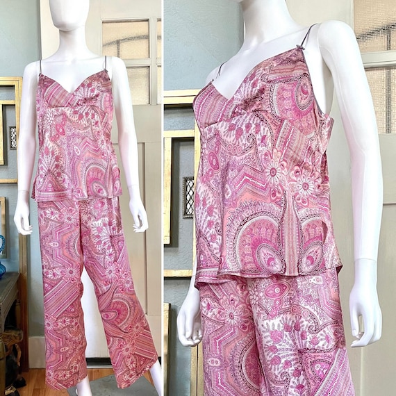 Vintage 70s Chinese Purple Pajama Shirt Top Jacquard Satin Silk Medium  Large ?