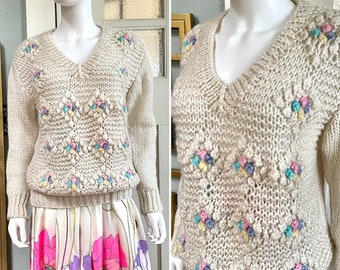 True Vintage 70s Large Sears acrylic Pastel Pom Pom ball Sweater