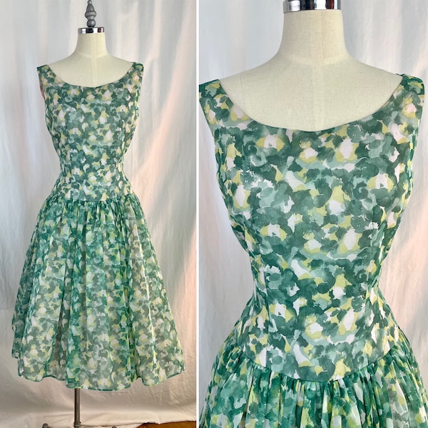 True Vintage 50s Small Jonathan Logan green and yellow chiffon basque waist dress