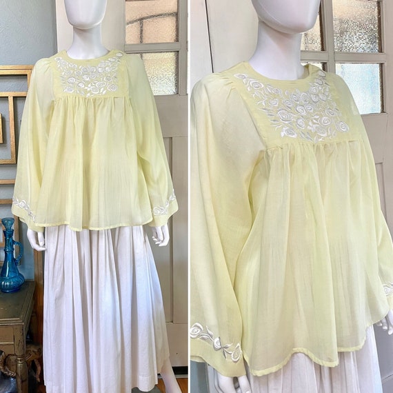 True Vintage 70s Small pale Yellow Voile embroide… - image 1