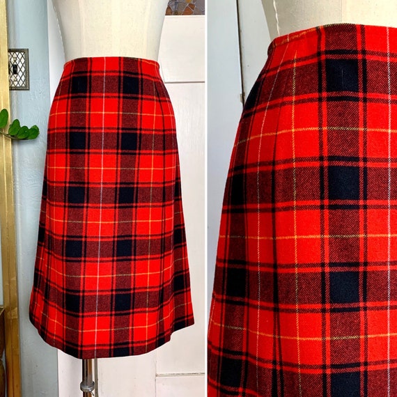 Vintage 70s Pendleton Red Plaid Wool A Line Skirt,