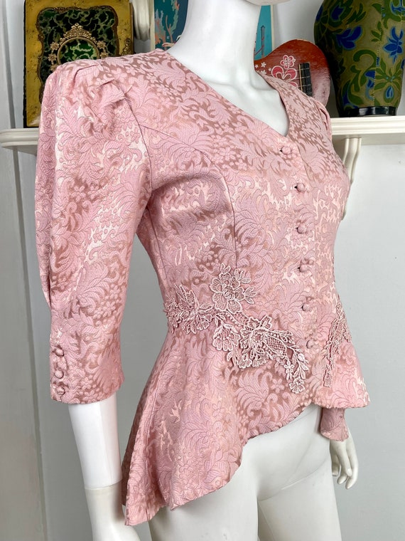 True Vintage 80s Small Medium rosy pink damask an… - image 2
