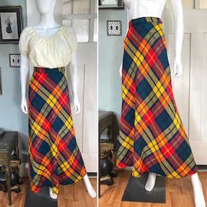 Vintage 70s XSmall Small bright yellow green red blue plaid wool A line maxi Skirt