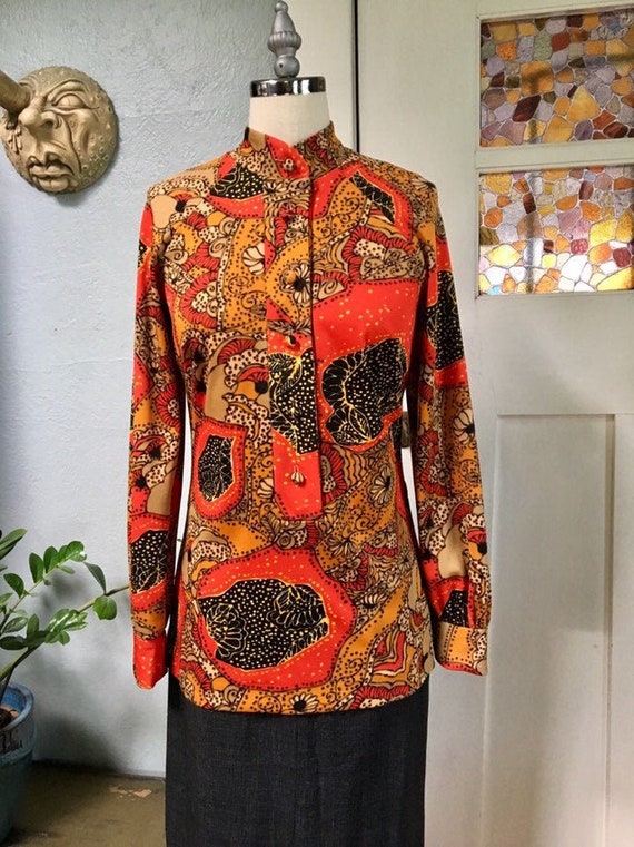 Vintage 60s Psychedelic Op Art Tunic Blouse, S