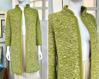 Vintage 60s Small Medium California Creations lime green boucle knit long cardigan sweater
