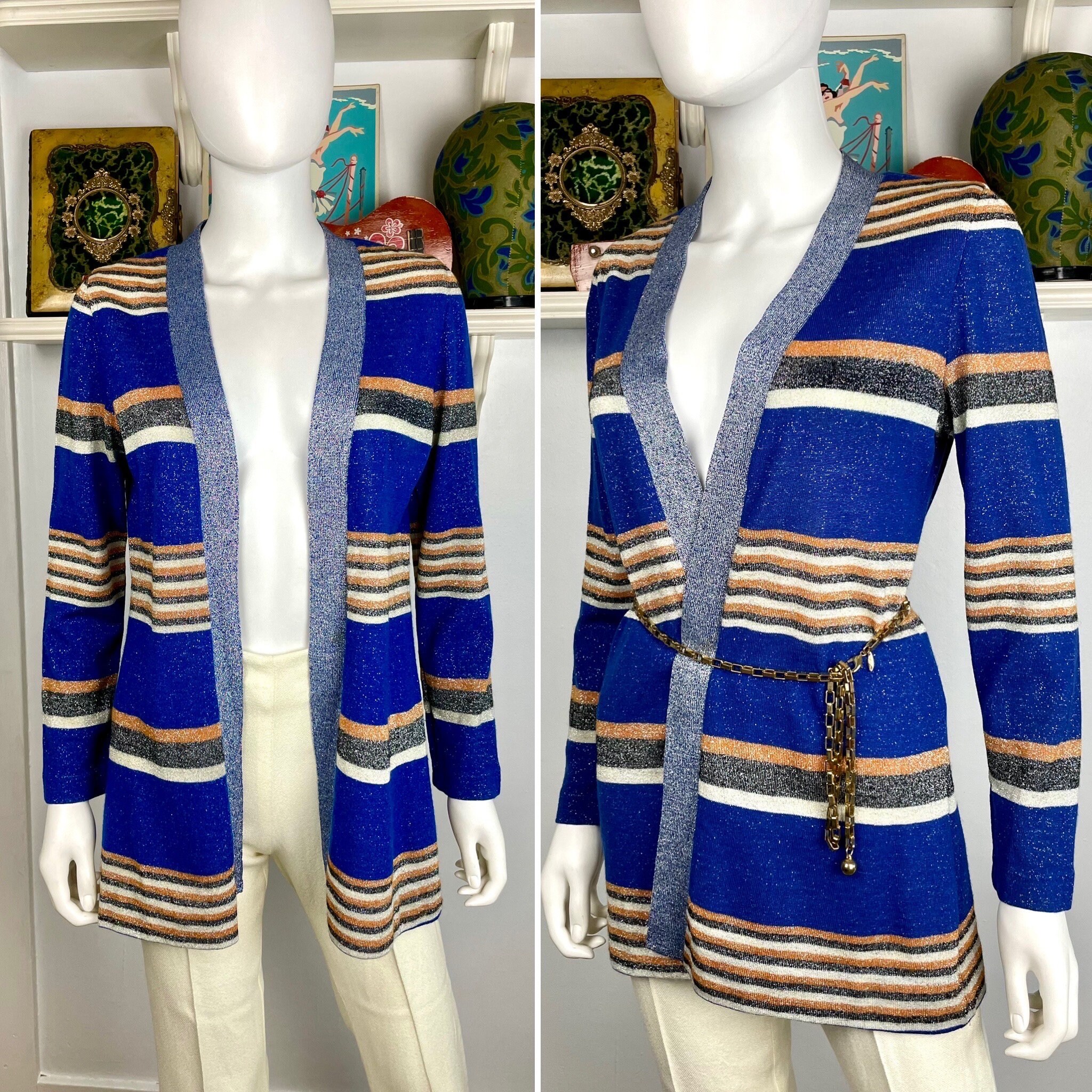 Vintage 60s Medium Nicole blue striped wool and lurex cardigan